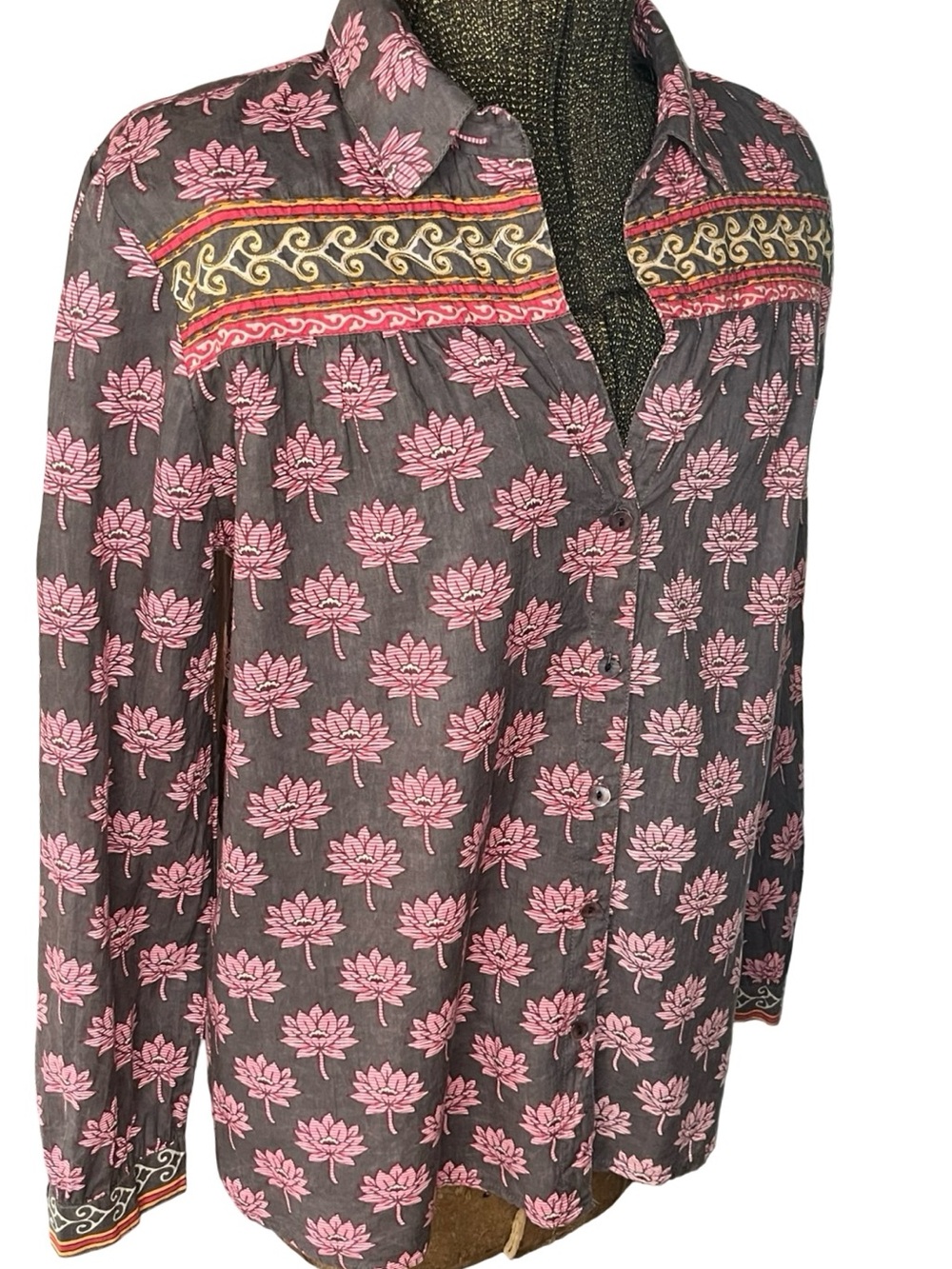 Maison Hotel Cohen Blouse Lotus Mondrian Pink Lotus Print Cotton Boho Western M - Picture 8 of 15